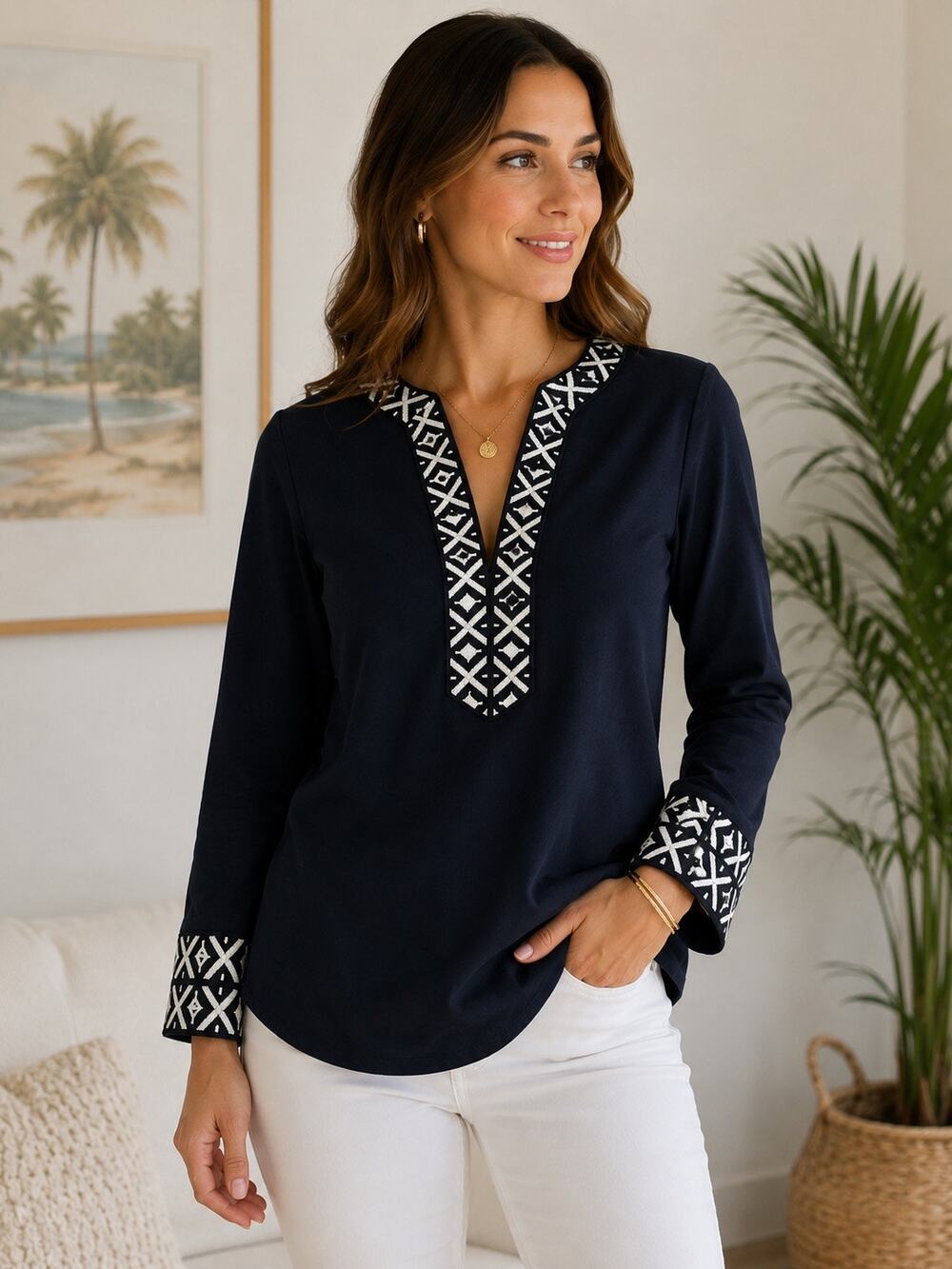 Tory Burch Navy Geometric Embroidered Tunic Top Blouse Size 2 Long Sleeve
